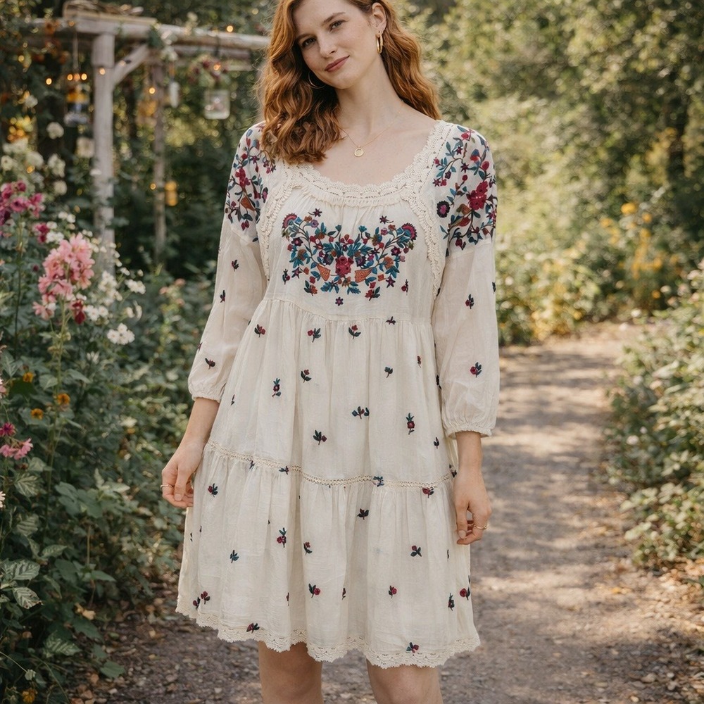 Citrus‎ Called to Surf Embroidered Dress Small White Colorful Floral Tiered Boho